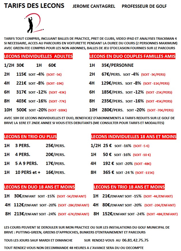 Tarif leçons 2023